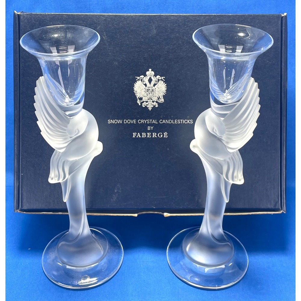 Faberge frosted Snow Dove Crystal Candlestick Pair 9" In Original Box